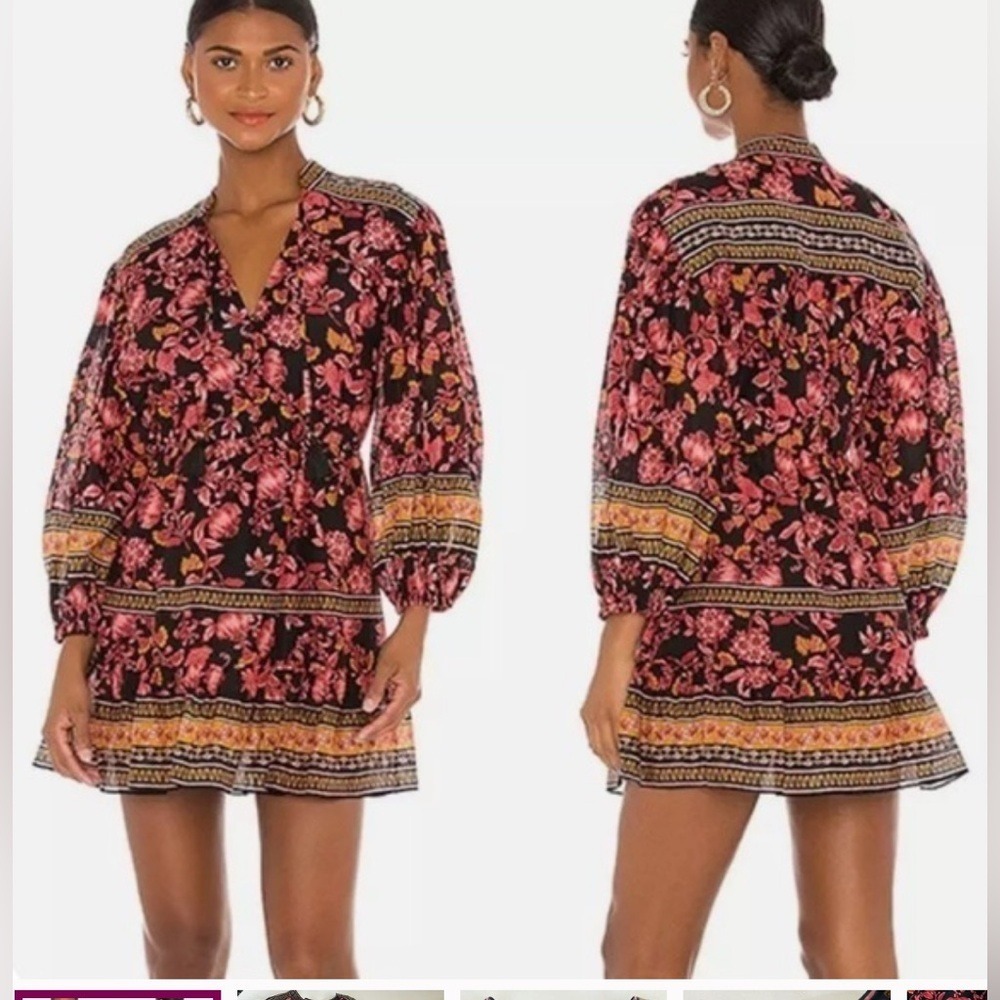 Alice Olivia‎ Black Floral Print Tassel Tie V Neck Mini Dress Size 4